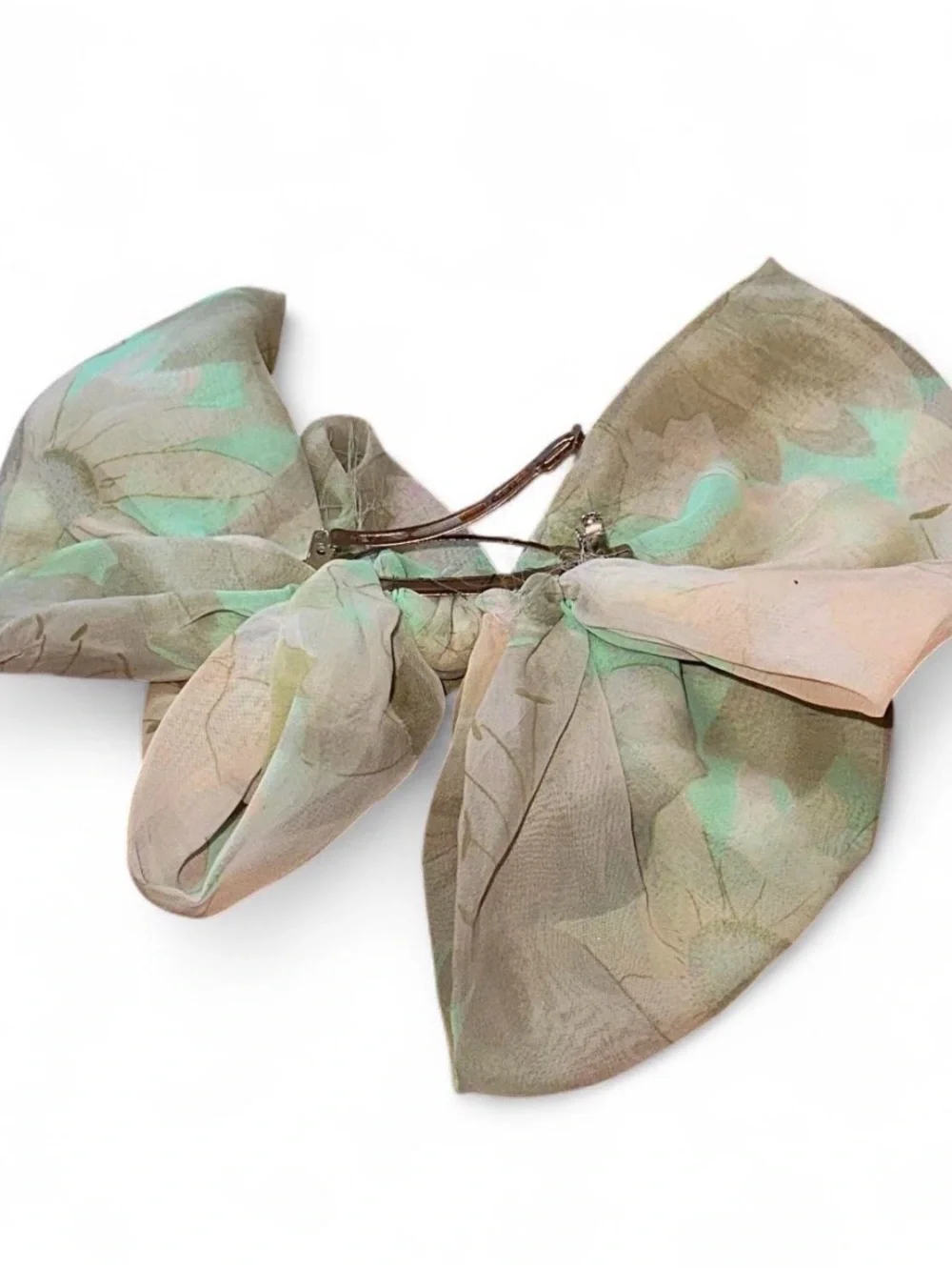 True Vintage Pastel Floral Bow Hair Clip - Mint and Cream 1980s